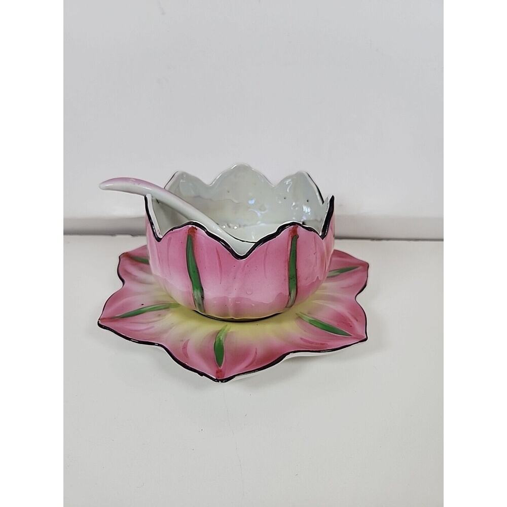 Japan Porcelain Hand Painted Lusterware Lotus Flower Bowl, Saucer & Spoon Set